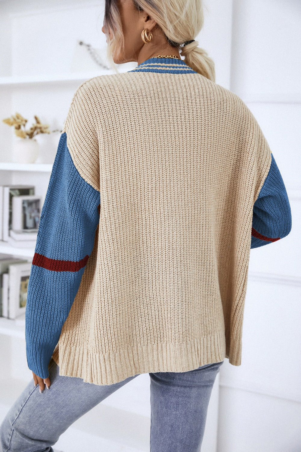 Contrast Button Up Dropped Shoulder Cardigan (Color Options)