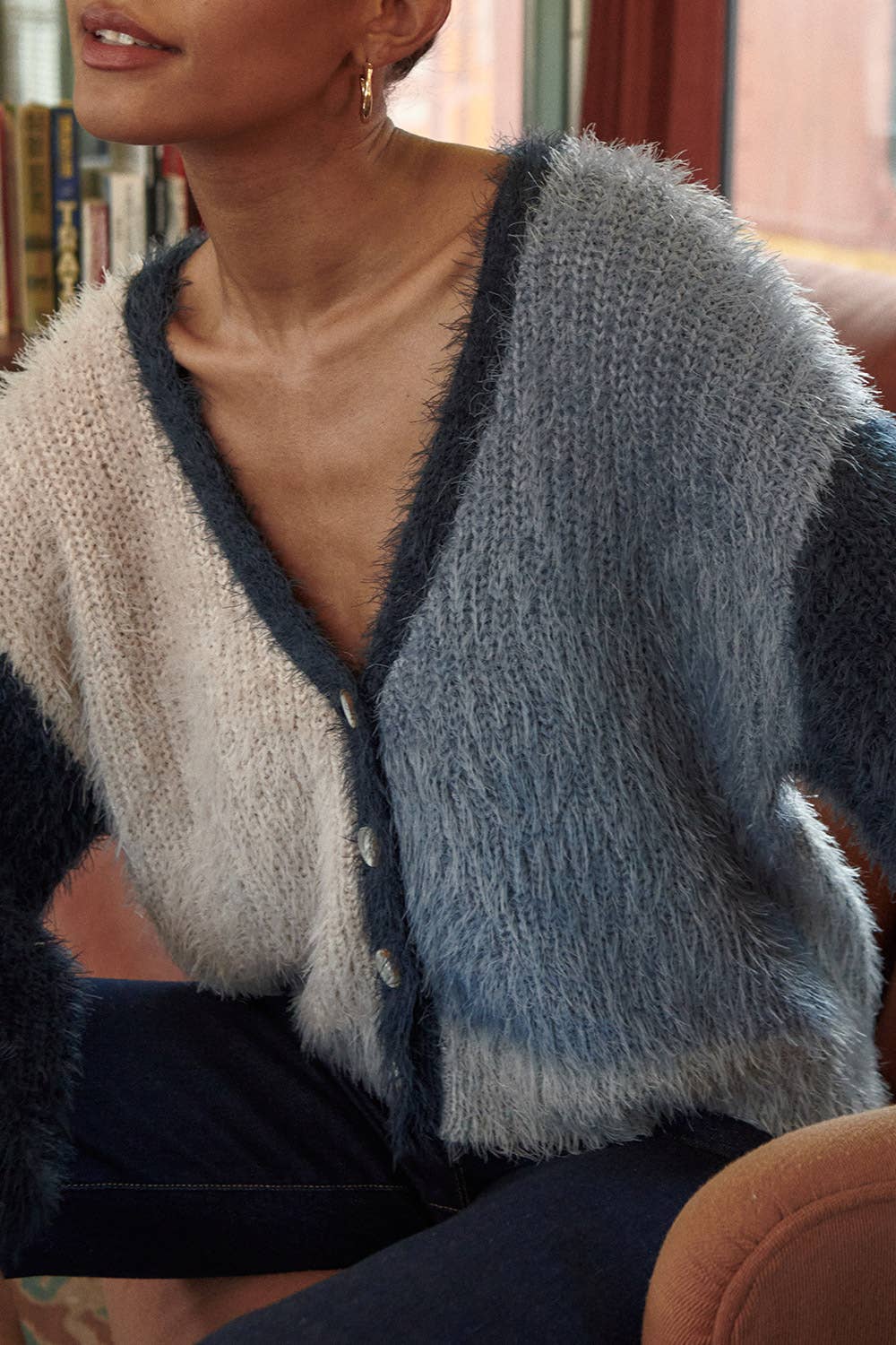 Furry Knit Colorblock V-Neck Cardigan Sweater: L / Grey-Navy