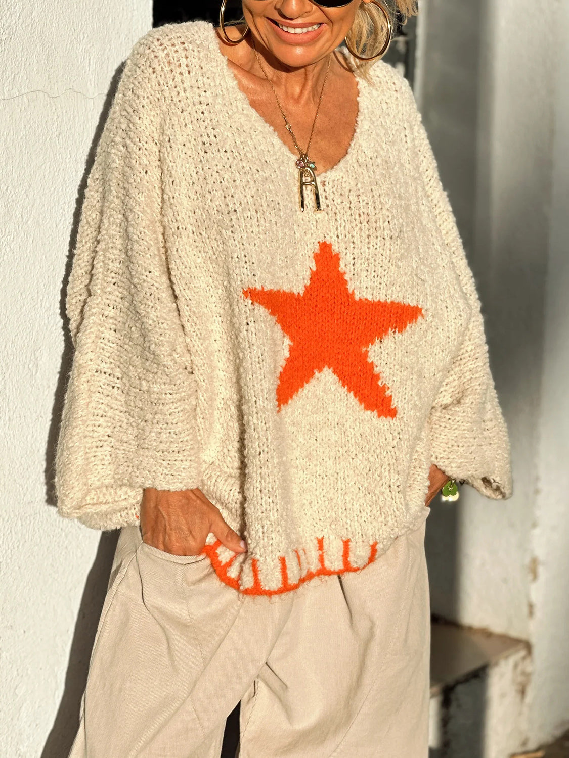 Star V-Neck Oversize Sweater (Color Options)