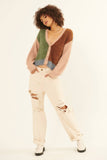 Furry Knit Colorblock V-Neck Cardigan Sweater: L / Grey-Navy