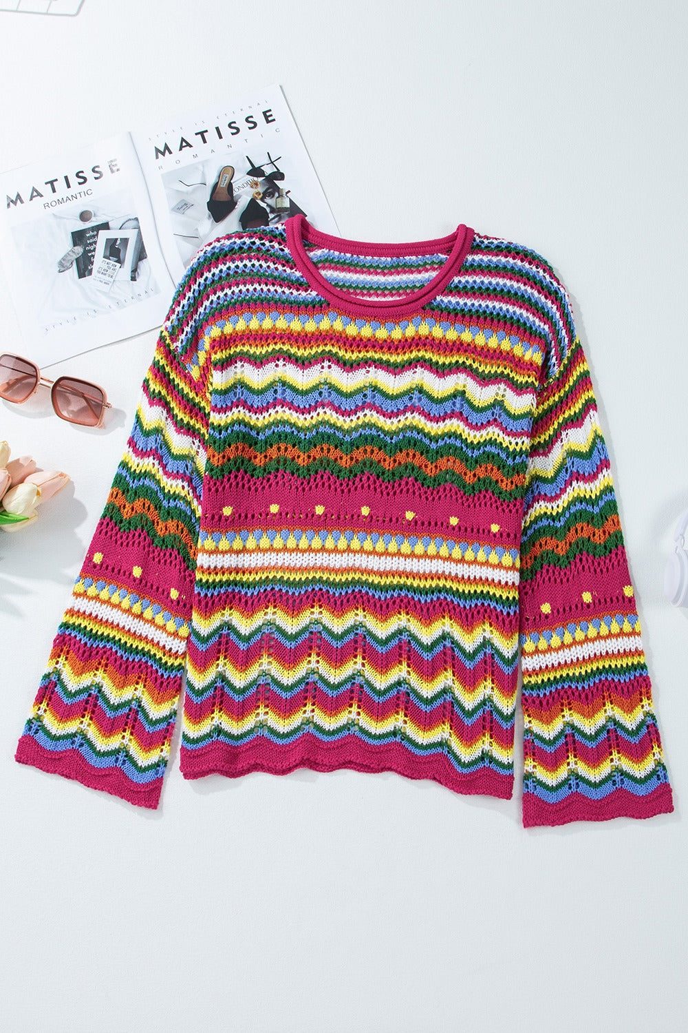 Rose Red  Striped Hollowed Knit Loose Sweater