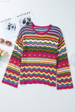 Rose Red  Striped Hollowed Knit Loose Sweater
