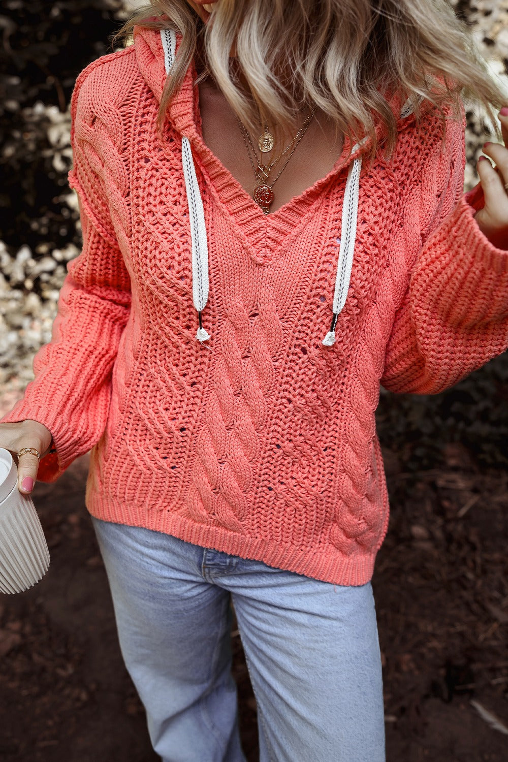 Coral Drawstring Cable-Knit HoodIe