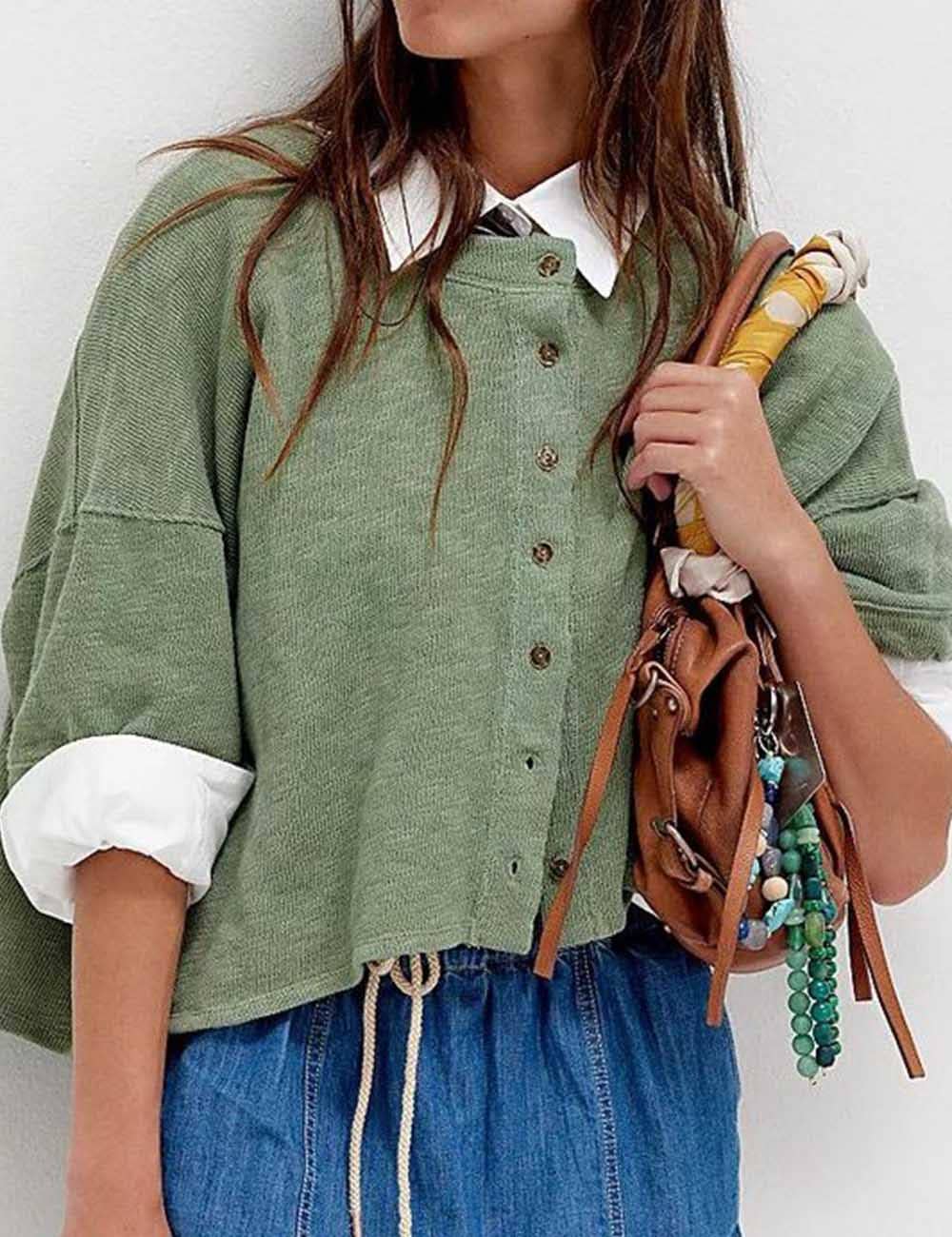 Sweetkama - Ladies Solid Color Midi Sleeves Knitted Cardigan