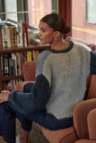 Furry Knit Colorblock V-Neck Cardigan Sweater: L / Grey-Navy