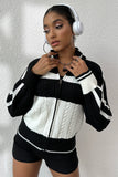 Black White Zip Up Cable-Knit Cardigan