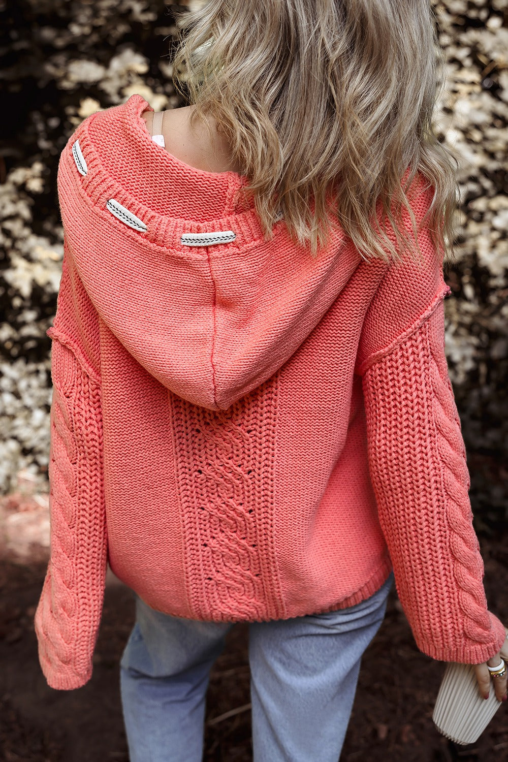 Coral Drawstring Cable-Knit HoodIe