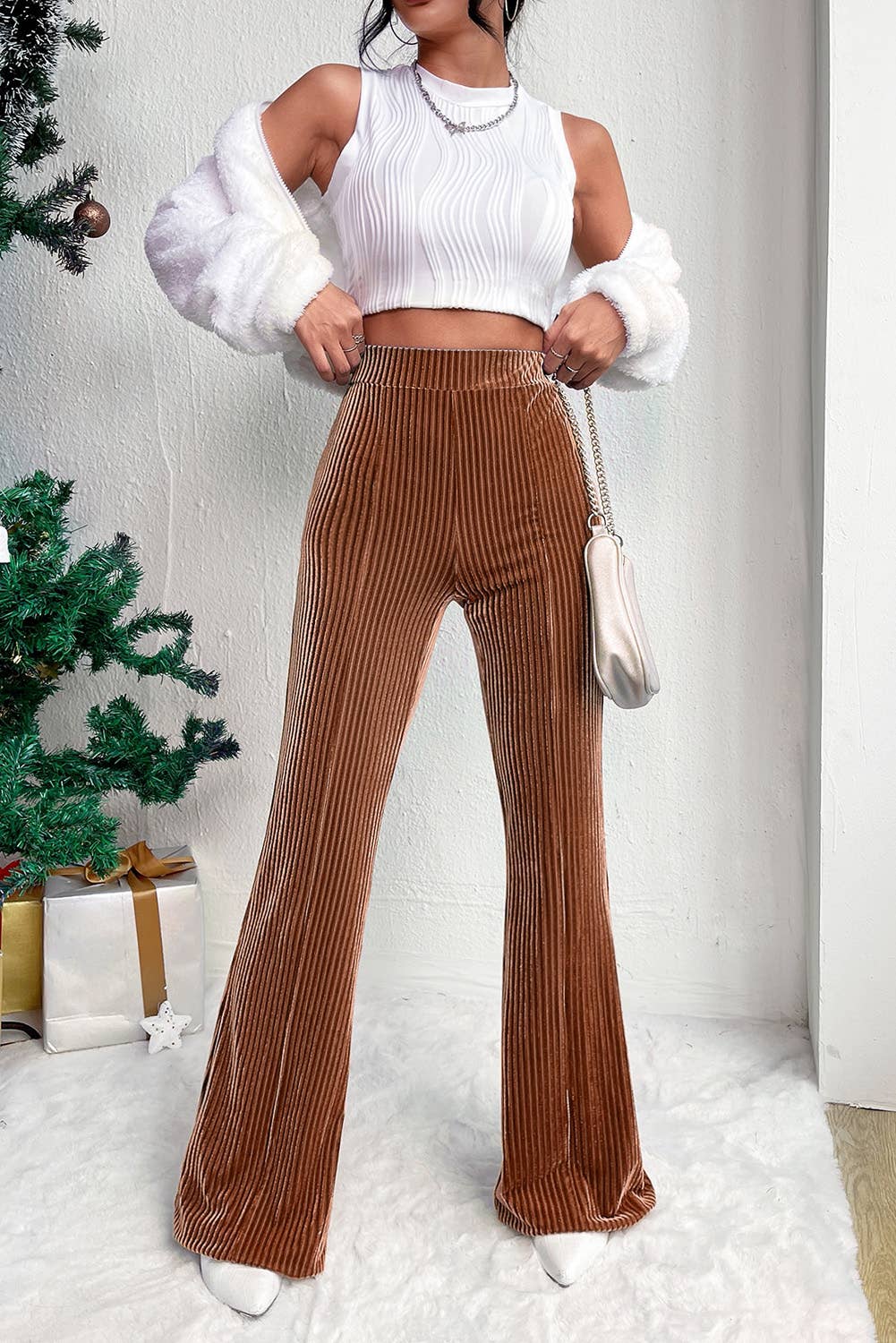 LiveFashionWay - Solid Color High Waist Flare Corduroy Pants: L / Chestnut / 90%Polyester+10%Elastane