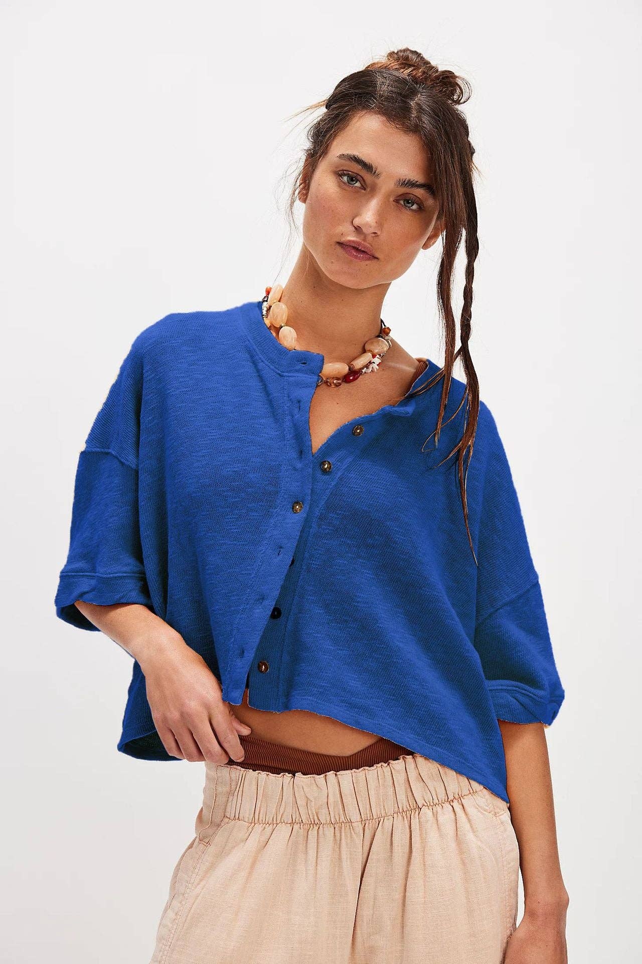 Sweetkama - Ladies Solid Color Midi Sleeves Knitted Cardigan