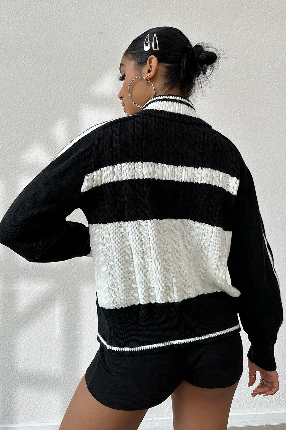 Black White Zip Up Cable-Knit Cardigan