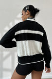 Black White Zip Up Cable-Knit Cardigan