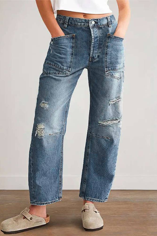 Distressed Large Front Pocket Straight Jeans