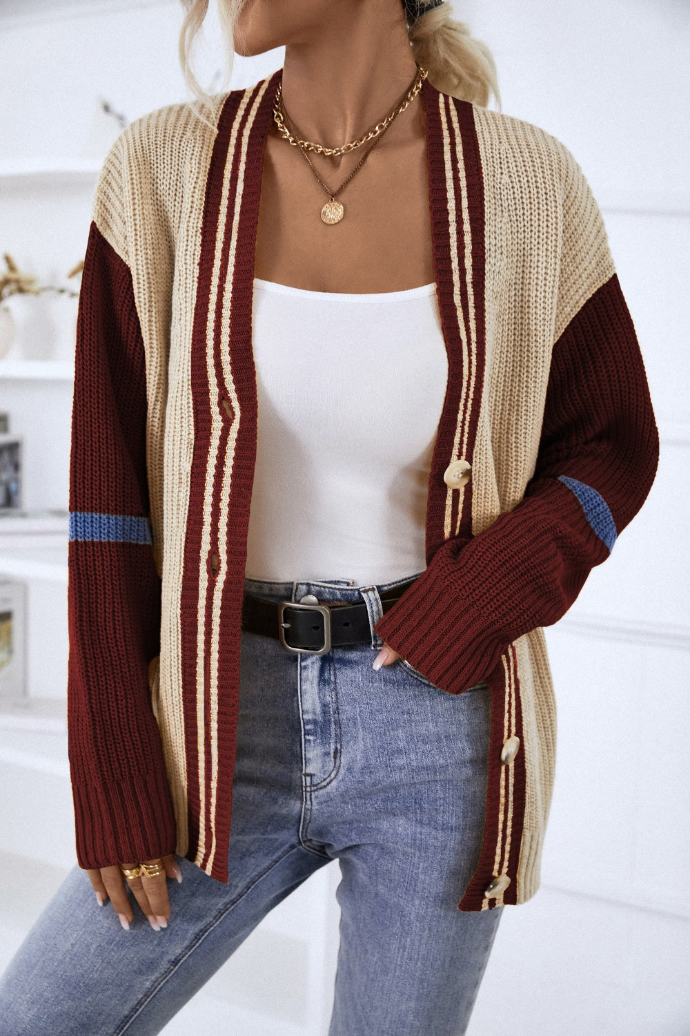 Contrast Button Up Dropped Shoulder Cardigan (Color Options)