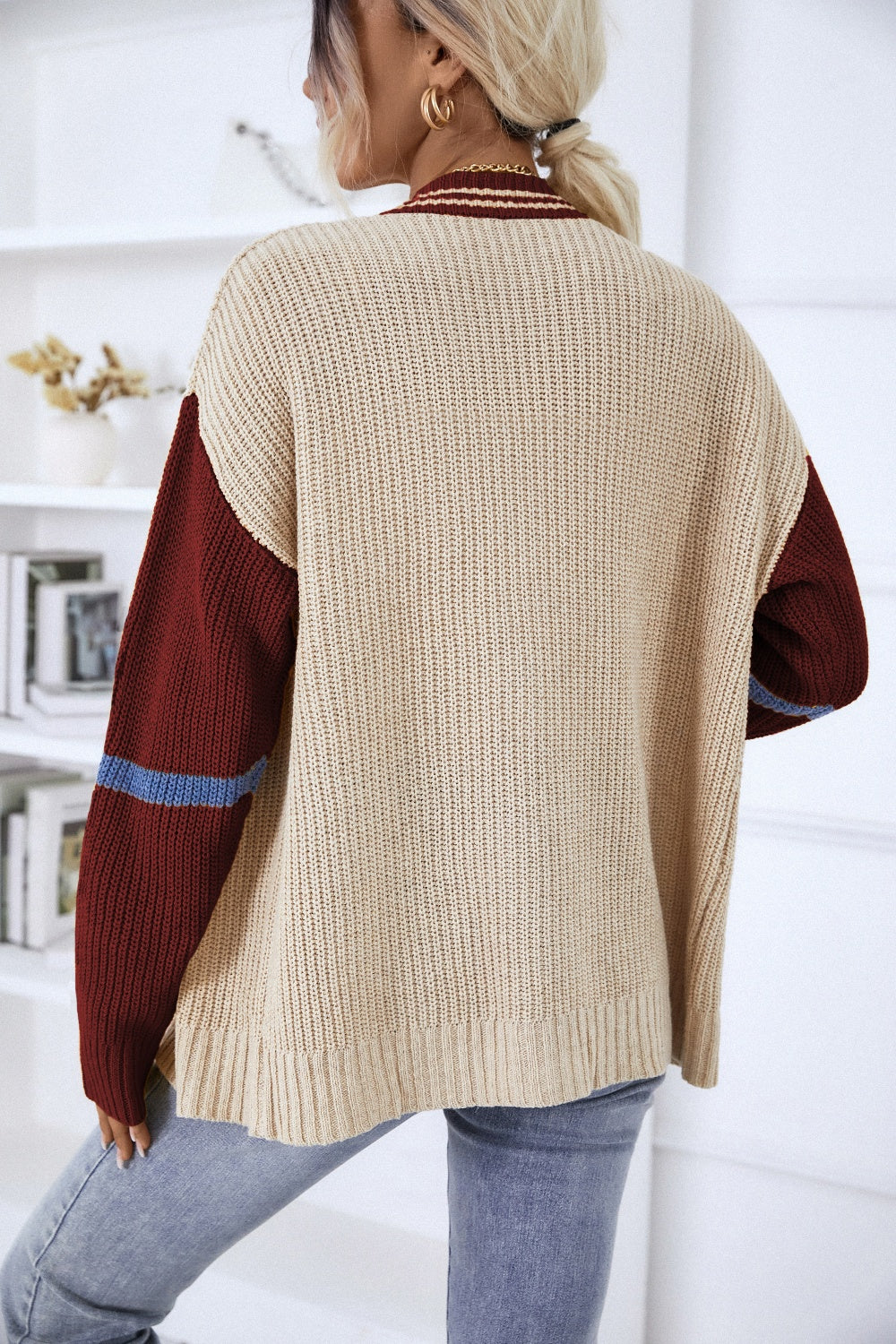 Contrast Button Up Dropped Shoulder Cardigan (Color Options)