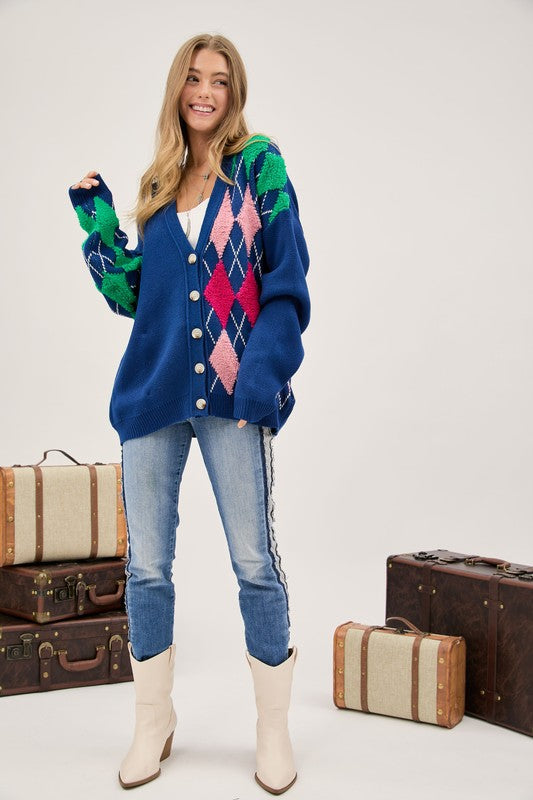 Plush Argyle Knit Cardigan (COLOR OPTIONS)