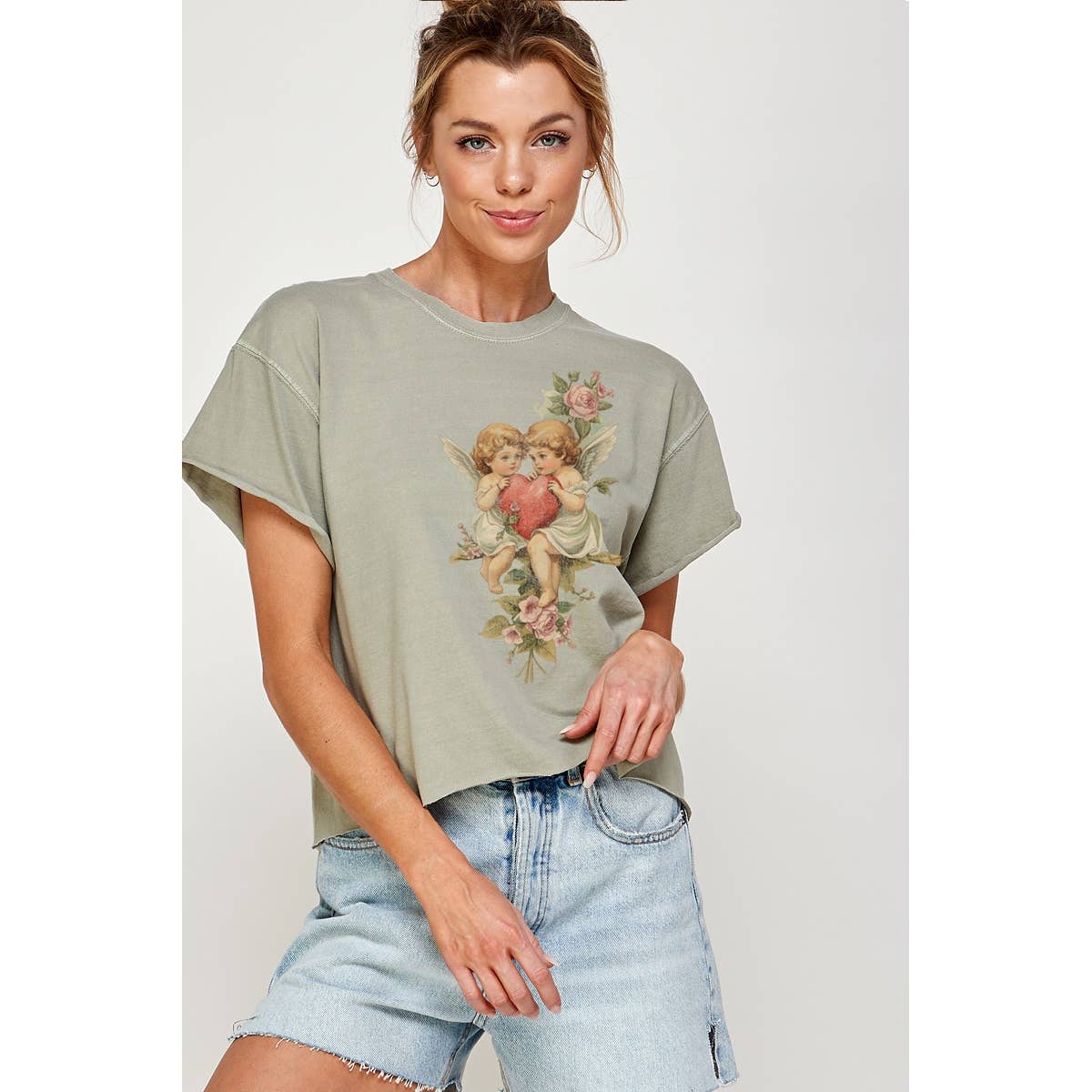 - ANGEL HEART OF LOVE  GRAPHIC WAIST CROP TSHIRT (COLOR OPTIONS)