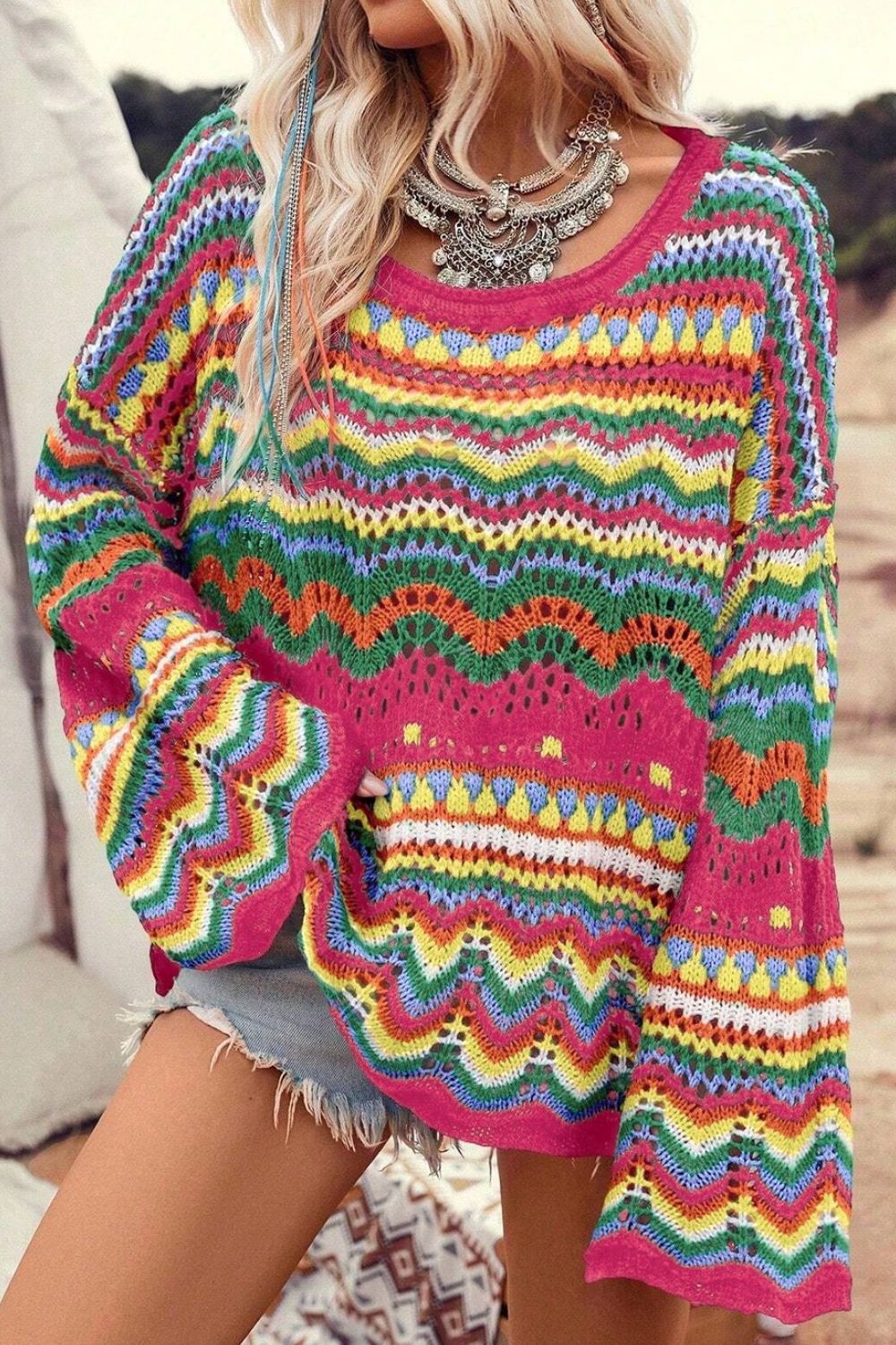 Rose Red  Striped Hollowed Knit Loose Sweater