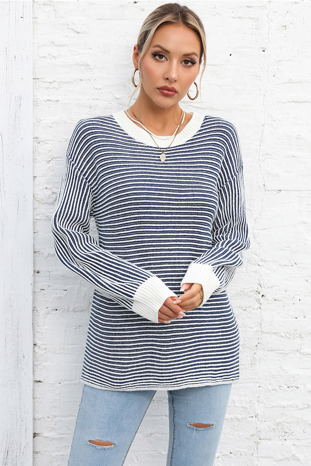 STRIPE LONG SLEEVE KNIT TOP ( Color Options)