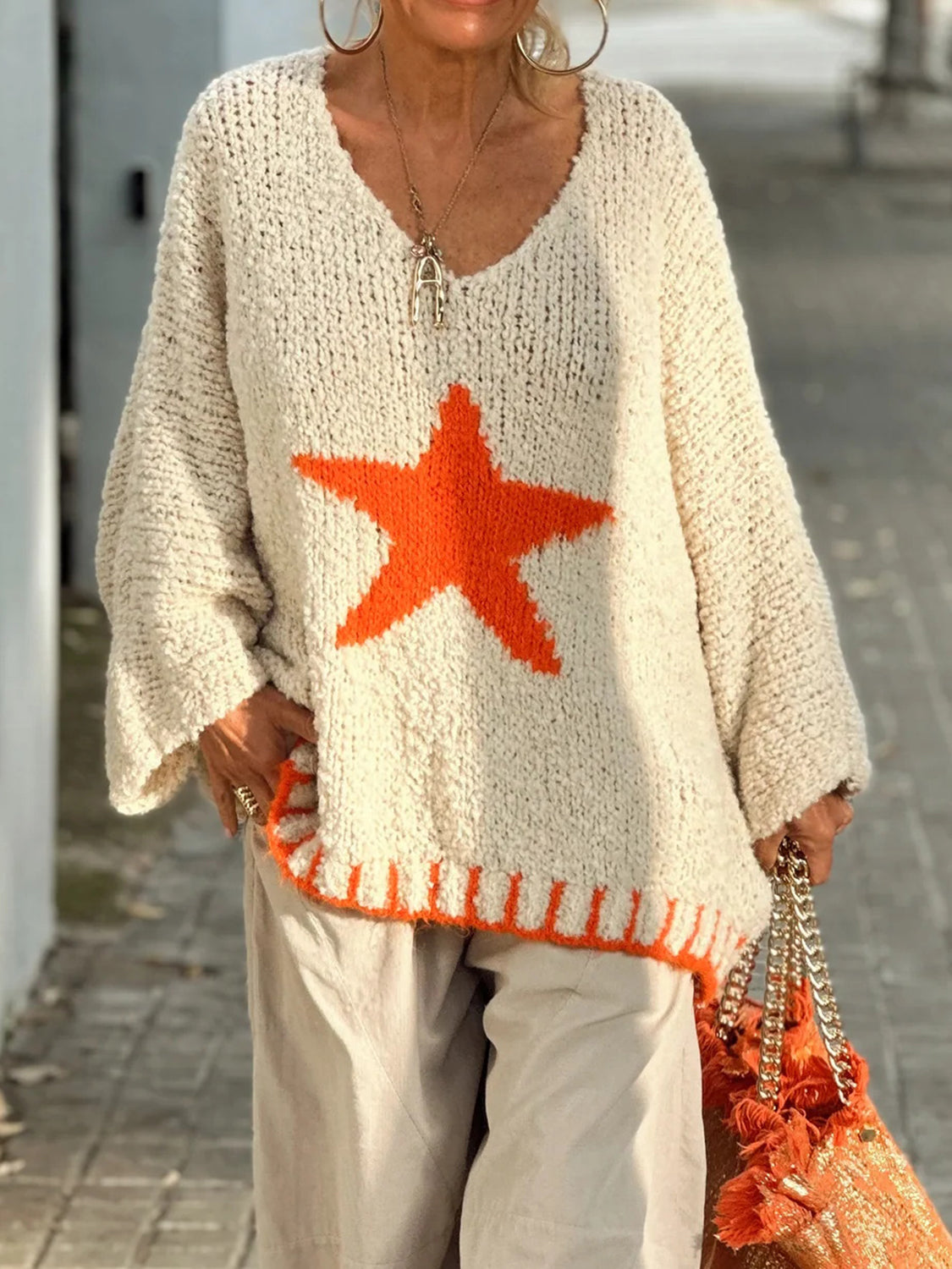 Star V-Neck Oversize Sweater (Color Options)