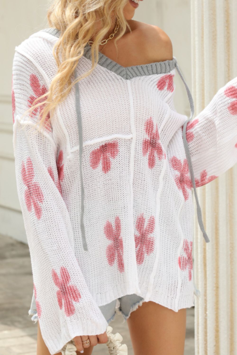 Pink Flower Hoodie Knit Top