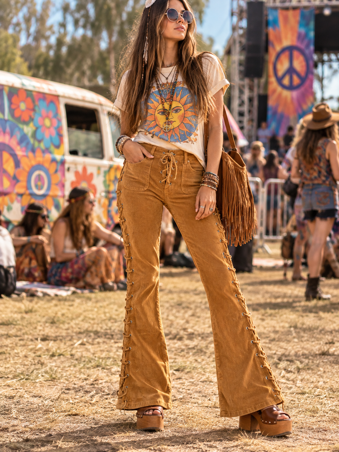 RETRO VINTAGE BOHO  SIDE LACE UP CORDUROY BELL BOTTOMS 70s
