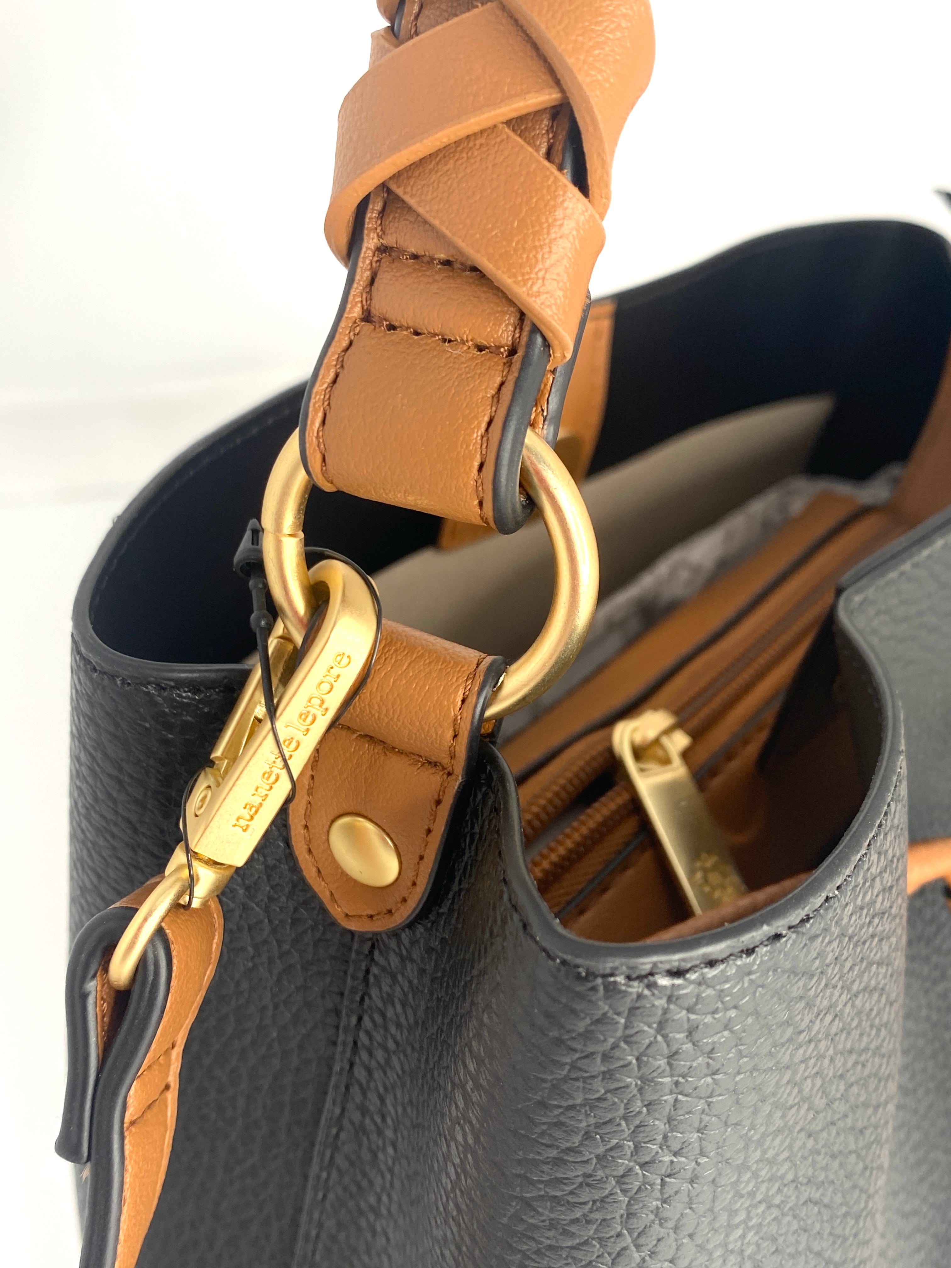 Black ELIANNA Leather Nanette Lepore Bucket Bag/Crossbody
