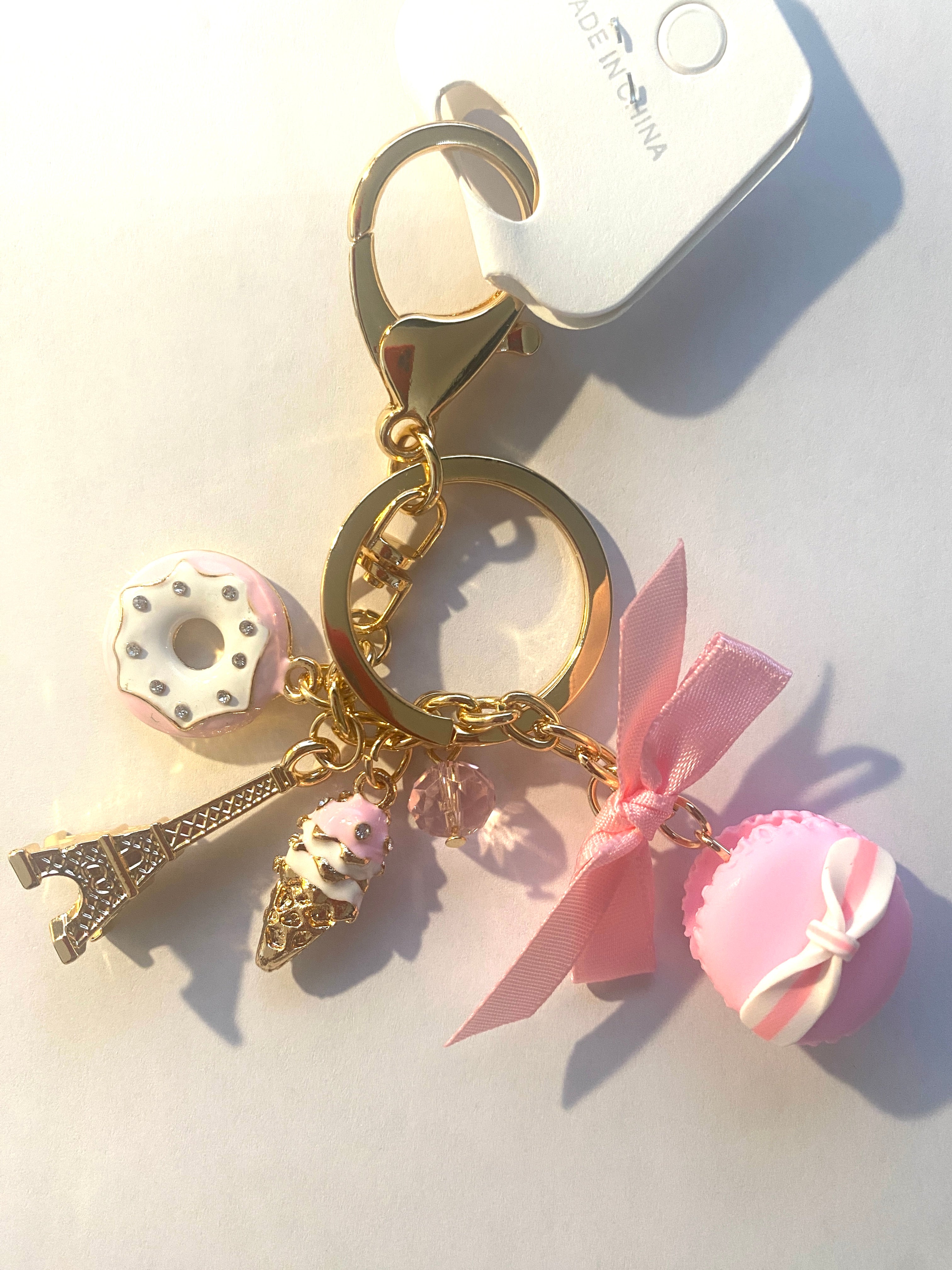 Paris  Eiffel Tower Macaroon, Donut,  Ice Cream Cone Purse Charm Key Chain (Color Options)