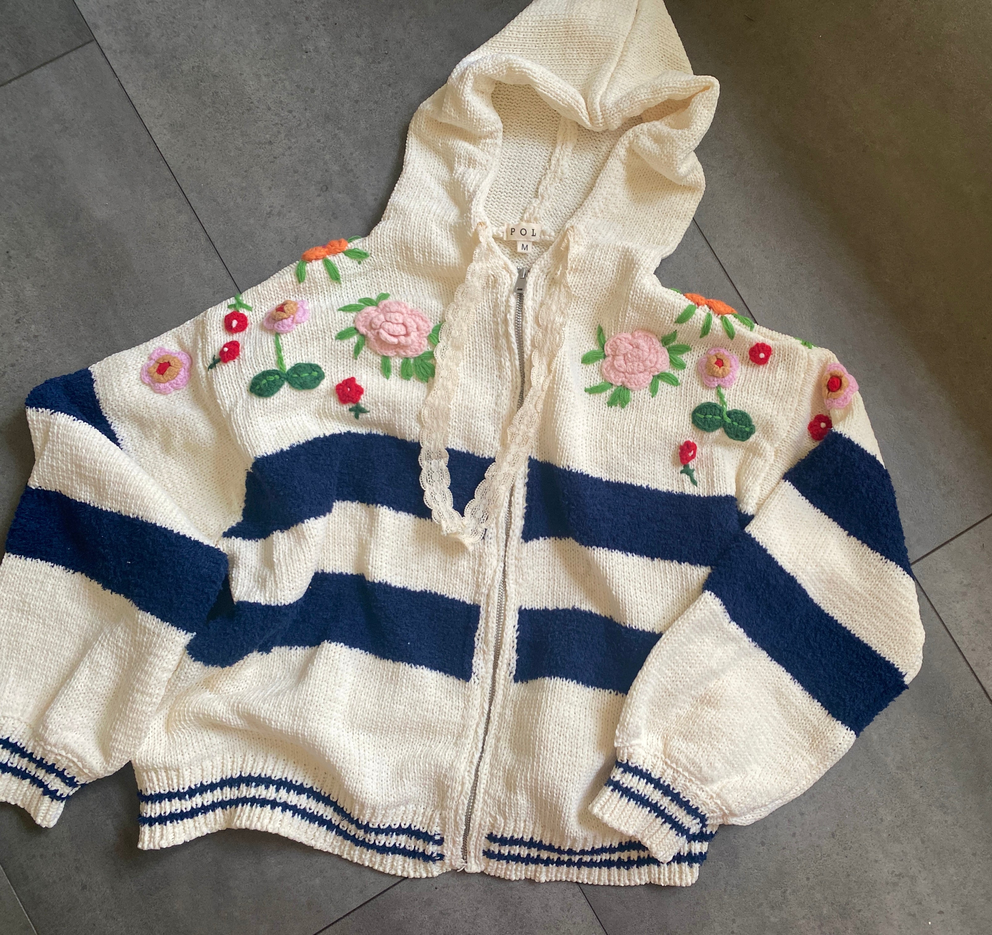Striped Pattern 3D Embroidered Hoodie Zip-Up Knit Sweater by POL