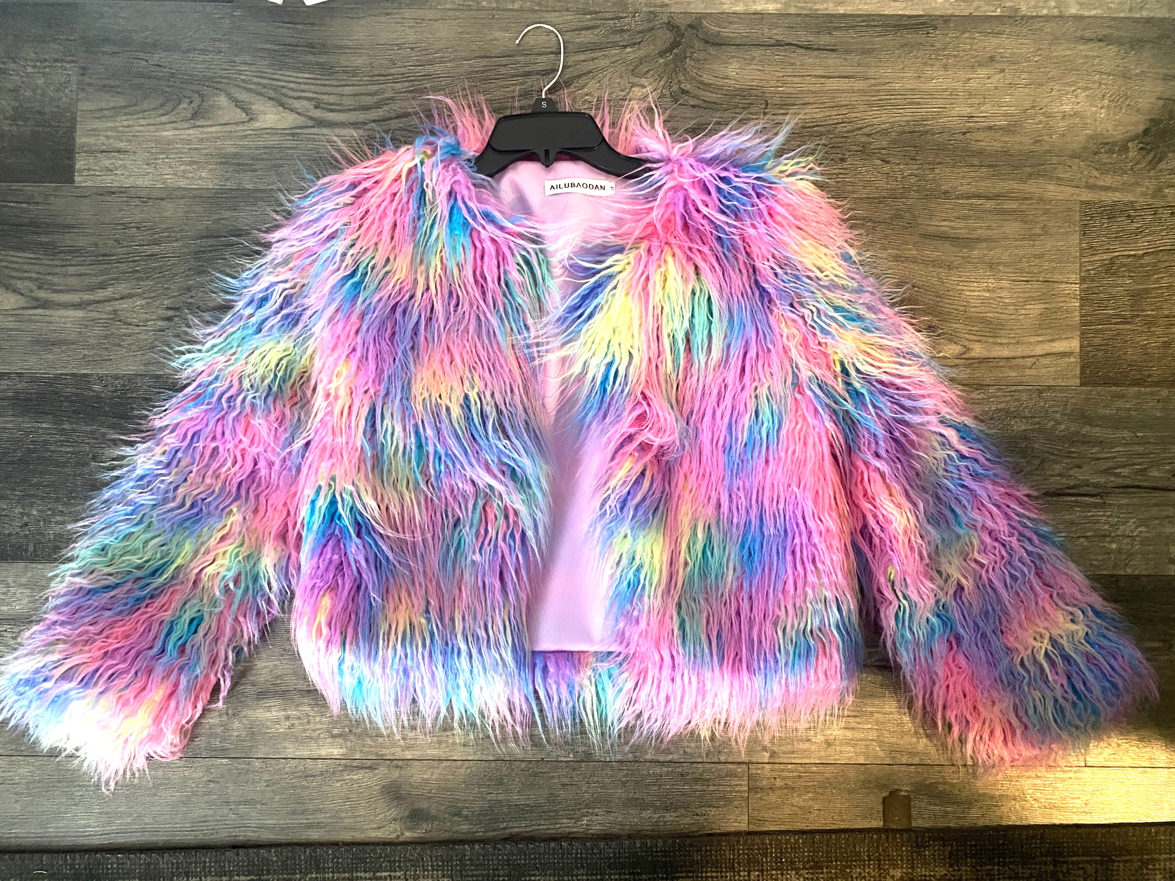 STUNNING RAINBOW LONG FAUX FUR SHAGGY COAT