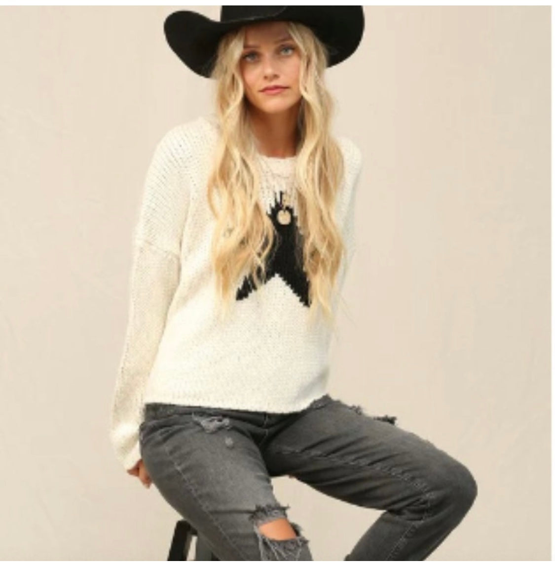 Cream Star Intarsia Knit Sweater