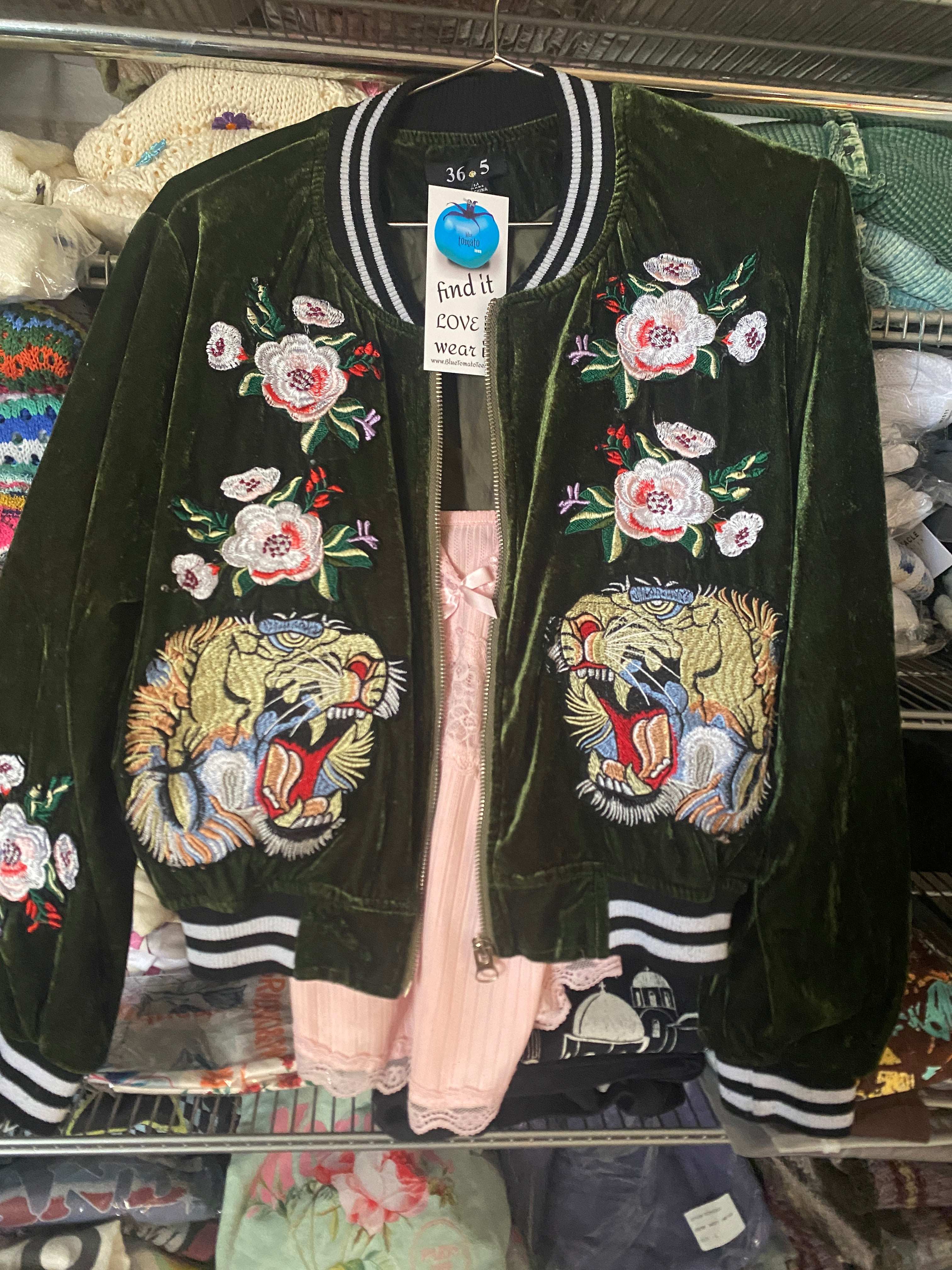 EMERALD GREEN VELVET TIGER  BOMBER JACKET BY 36.5