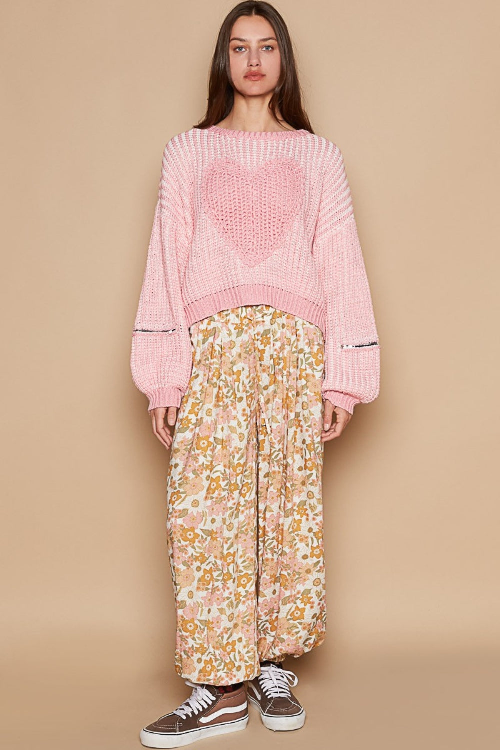 PINK CABLE KNIT OVERSIZED HEART SPRING SWEATER by POL