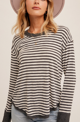 CHARCOAL CUFFED STRIPE TEE RINGER Tshirt