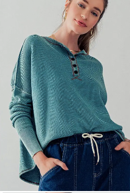 Turquoise Waffle Thermal Drop Shoulder Long Sleeve