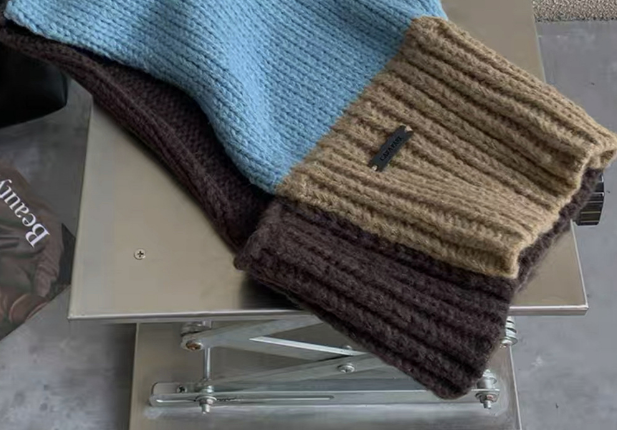 Winter Color Block Thick Knit Hoodie Cap