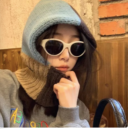 Winter Color Block Thick Knit Hoodie Cap