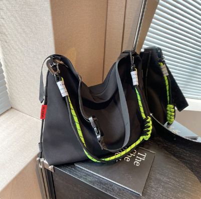 Black Nylon Messenger Bag with Rip Cord Strap