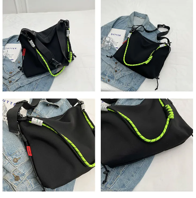 Black Nylon Messenger Bag with Rip Cord Strap