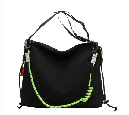 Black Nylon Messenger Bag with Rip Cord Strap