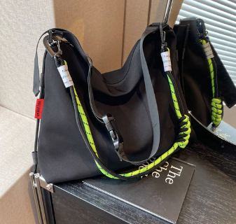 Black Nylon Messenger Bag with Rip Cord Strap
