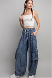 Wide Leg Mineral Wash Denim Cargo Pant  LIGHT WEIGHT