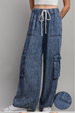 ONE LEFT: Wide Leg Mineral Wash Denim Cargo Pant  LIGHT WEIGHT
