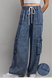 Wide Leg Mineral Wash Denim Cargo Pant  LIGHT WEIGHT