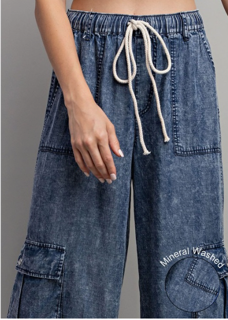 ONE LEFT: Wide Leg Mineral Wash Denim Cargo Pant  LIGHT WEIGHT