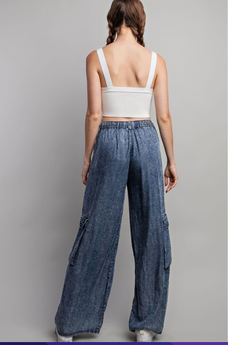 ONE LEFT: Wide Leg Mineral Wash Denim Cargo Pant  LIGHT WEIGHT