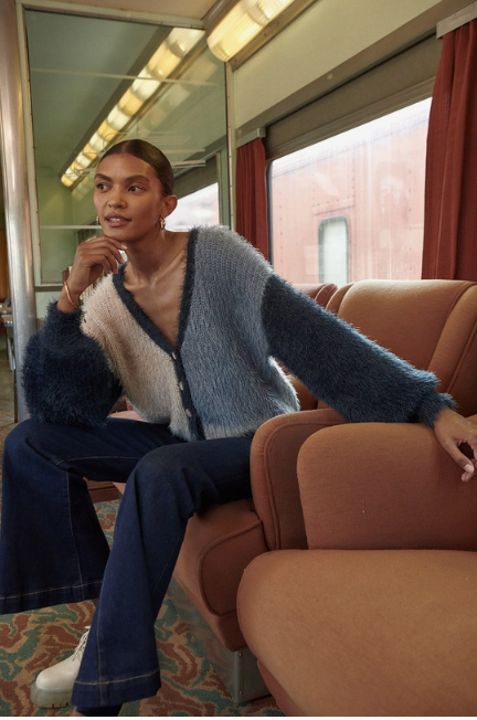 Navy Gray Colorblock  Fuzzy Cardi