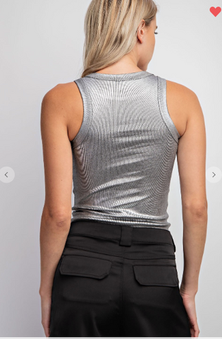 Silver Metallic Sleevless Ribbed Knit Tank