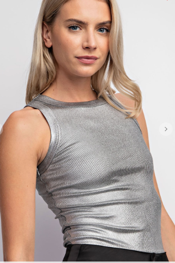 Silver Metallic Sleevless Ribbed Knit Tank