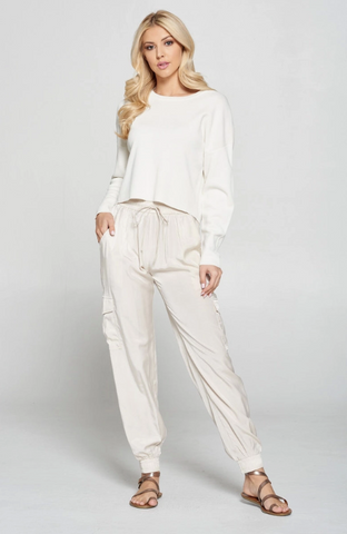 Satin Cargo Jogger Pants -Oyster