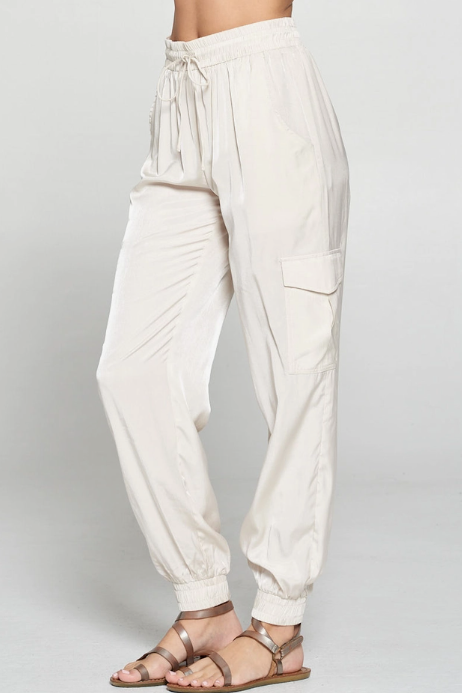 Satin Cargo Jogger Pants -Oyster